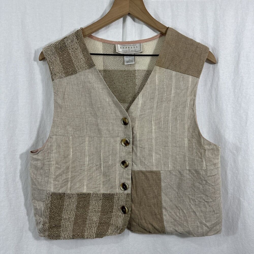 Vintage Express Mixed Media Neutral Linen Blend Sleeveless Vest Womens Sz L